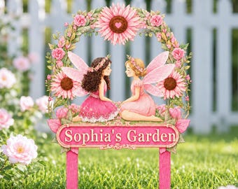 Placa de metal personalizada para jardim de fadas, arte de jardim personalizada, estaca com nome para jardim, placa para gramado externo, presente para jardineiras.