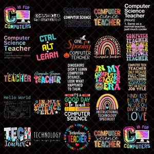 May include: A collection of colorful graphic designs on a black background, featuring text related to computer science and teaching. Designs include rainbows, computers, and phrases like "Computer Science Teacher" and "Hello World."