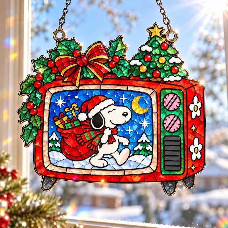 Loading Gift Window Retro Christmas TV Acrylic Suncatcher, Cute Cartoon Dog Santa Window ...