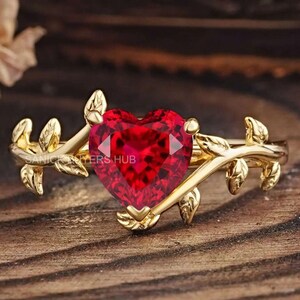 Heart Ruby Ring: Rose Gold Leaf Vine, 1.1 Ct Natural Gemstone Engagement Promise Ring