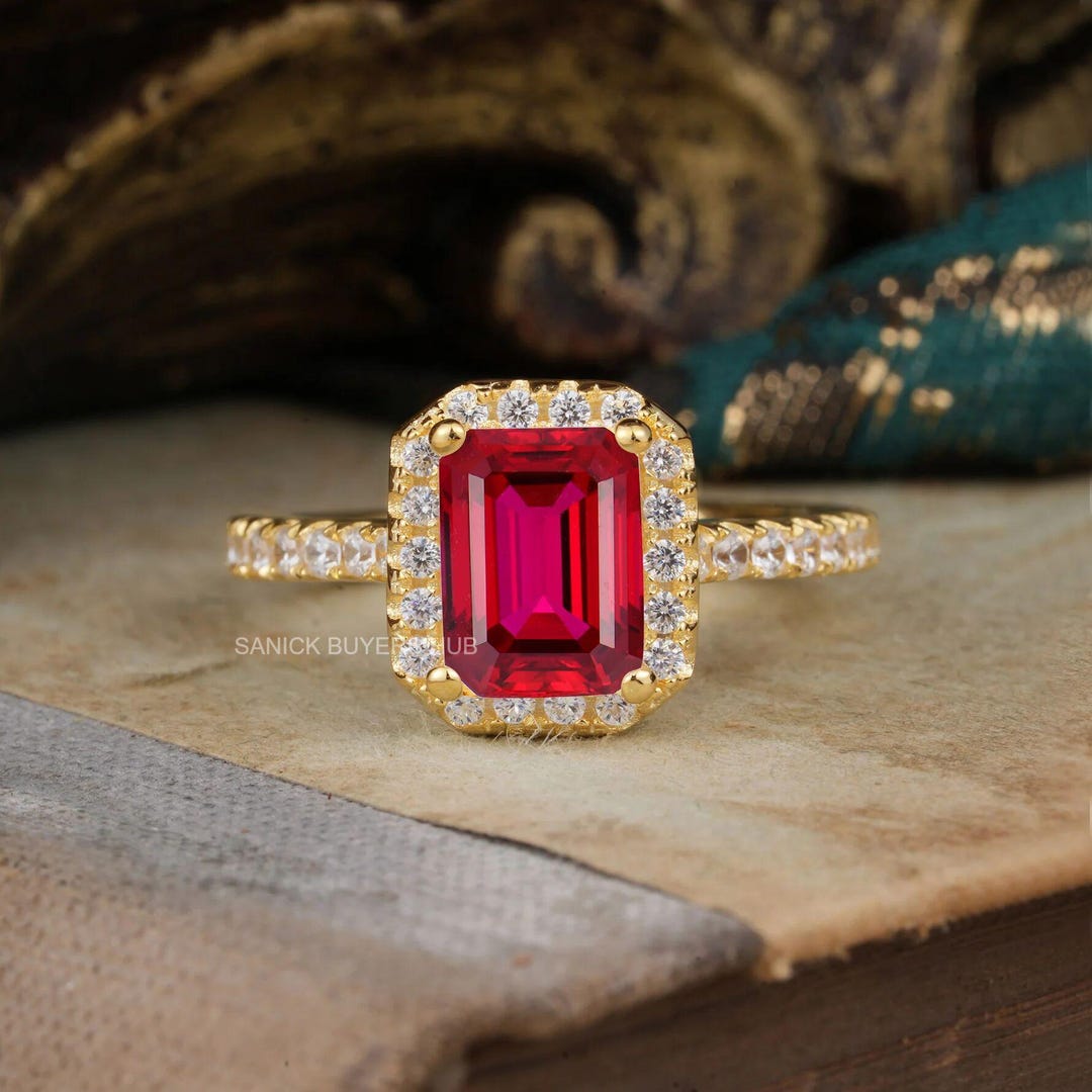 Emerald Cut Ruby Halo Ring, Rose Gold Moissanite Accent, Vintage Style ...
