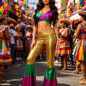 May include: A woman in a colourful, sequined outfit is seen in a festive street scene. The outfit includes a green and purple wrap top and gold flared trousers with green and purple accents. The background features colourful decorations and people in traditional attire.