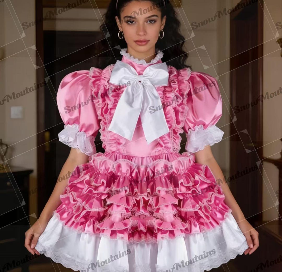 Pink Satin Ruffled Lolita Maid Dress Cosplay Halloween Party Dress for ...