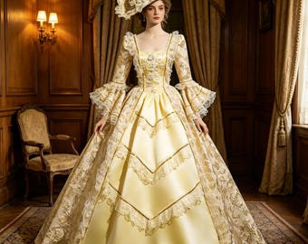 May include: A pale yellow floor-length gown featuring a square neckline, long tiered bell sleeves, and intricate lace overlays. The dress includes a matching wide-brimmed hat with lace trim, creating a coordinated ensemble with a full, voluminous skirt.