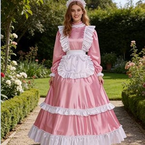 Peut inclure: Une robe en satin rose avec des bordures blanches à volants et un tablier blanc assorti. La robe a des manches longues, un col montant et un coiffe blanche. La tenue rappelle un costume de femme de chambre vintage.