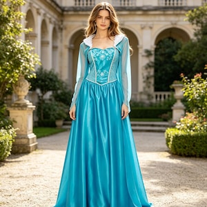 May include: A floor-length turquoise satin gown featuring a sweetheart neckline, a bodice with white floral embroidery, and a matching sheer turquoise bolero jacket with a white collar. The dress has a full skirt and long, translucent sleeves.