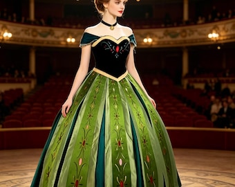 Anna Coronation Dress Frozen Cosplay Costume，Adult Princess Anna Green Gown