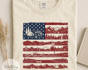 National Parks American Flag Shirt, Patriotic Camping T-Shirt, Mountain Landscape Tee, July 4th Graphic Shirt, Comfort Colors Nature Gift