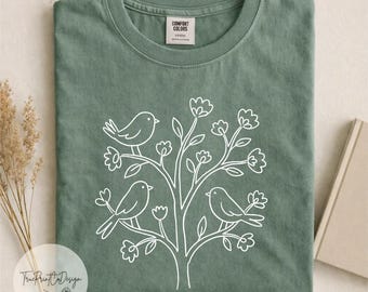 Cottagecore Birds and Flowers Shirt, Folk Art Scandi Bird Tee, Minimalist Botanical Graphic T-Shirt, Wildflower Nature Gift for Her
