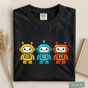 Binär kod robot t-shirt: Färgglada robotar, nördgrafik t-shirt (komfortfärger)