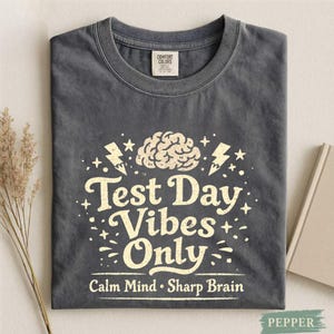 Puede incluir: Una camiseta gris oscuro con las palabras "Test Day Vibes Only" en crema en una fuente de estilo vintage. El diseño incluye un cerebro, rayos y estrellas. El texto "Calm Mind • Sharp Brain" está debajo.