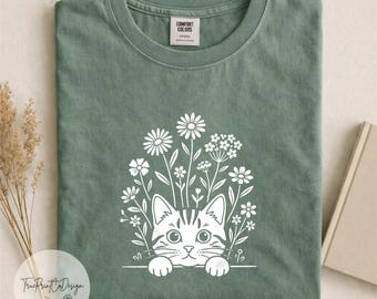 Maglietta con gatto e fiori, maglietta con gattini floreali dai colori comodi, top in stile cottagecore con fiori selvatici