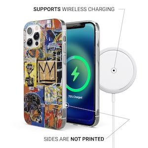 May include: A clear phone case with a colorful abstract art design. The phone screen displays a charging symbol. The text reads "SUPPORTS WIRELESS CHARGING" and "SIDES ARE NOT PRINTED". A white wireless charger is also visible.