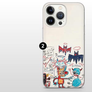 May include: A clear phone case featuring a colorful, abstract doodle design. The artwork includes red, blue, and orange figures, along with bat-like shapes and scribbled lines. The case has a white background.