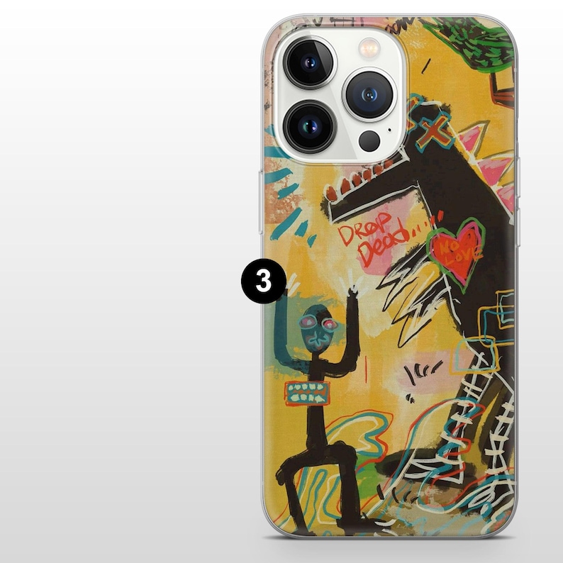 May include: A clear phone case featuring a colorful abstract art design. The artwork includes a black dinosaur-like figure, a stick figure, and the words "Drop Dead." The background is yellow with red, blue, and green accents.