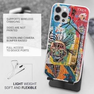 May include: A clear phone case with a colorful abstract art design. The case features a multi-colored graphic with the word "JAZZ" and the text "LIGHT WEIGHT SOFT AND FLEXIBLE". The case supports wireless charging and has a raised screen and camera bumper.