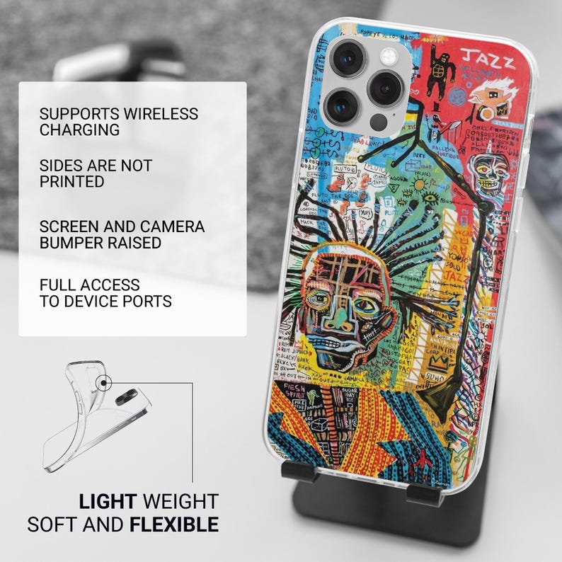 May include: A clear phone case with a colorful abstract art design. The case features a multi-colored graphic with the word "JAZZ" and the text "LIGHT WEIGHT SOFT AND FLEXIBLE". The case supports wireless charging and has a raised screen and camera bumper.