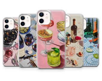 Funda para móvil para amantes del vino, cócteles y cenas en París, con elegante estampado.