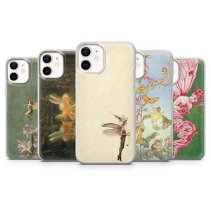 May include: A collection of five phone cases featuring vintage fairy illustrations. The cases showcase various designs with fairies, butterflies, and floral elements in soft, muted colors. Each case has a clear, protective border.