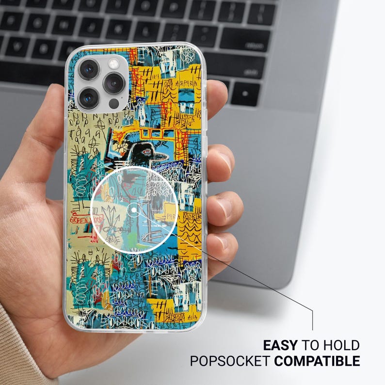 May include: Clear phone case with a colorful abstract art design in yellow, blue, and green. The case is shown with a PopSocket and the text "EASY TO HOLD POPSOCKET COMPATIBLE".