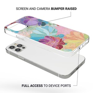 May include: A clear phone case with a floral design in shades of purple, pink, blue, and yellow. The case is shown on top of a silver phone. The text on the image reads: "SCREEN AND CAMERA BUMPER RAISED" and "FULL ACCESS TO DEVICE PORTS."