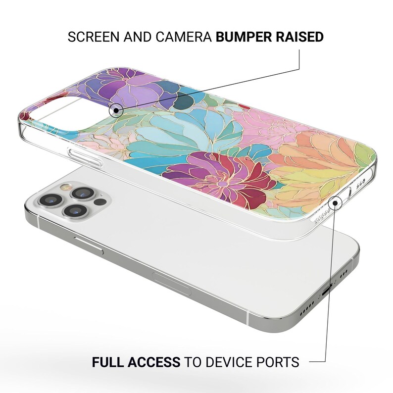 May include: A clear phone case with a floral design in shades of purple, pink, blue, and yellow. The case is shown on top of a silver phone. The text on the image reads: "SCREEN AND CAMERA BUMPER RAISED" and "FULL ACCESS TO DEVICE PORTS."
