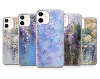 Funda para teléfono con estampado floral de glicinias en tonos pastel y elegante diseño.
