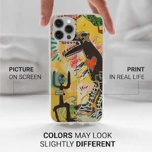 May include: A phone case with a colorful abstract design. The case features a yellow background with black, red, and blue figures and the text "DROP Dead". The image also includes the text "PICTURE ON SCREEN" and "PRINT IN REAL LIFE".