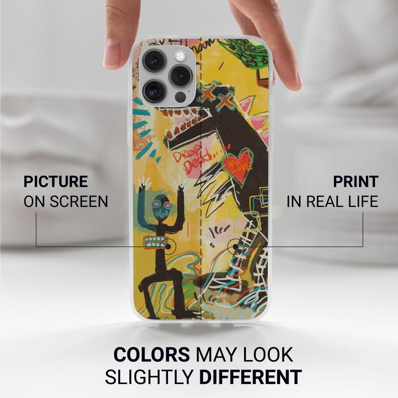 May include: A phone case with a colorful abstract design. The case features a yellow background with black, red, and blue figures and the text "DROP Dead". The image also includes the text "PICTURE ON SCREEN" and "PRINT IN REAL LIFE".