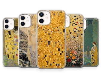 Funda para teléfono de estilo Art Nouveau inspirada en Klimt, color dorado, con elegante estampado.