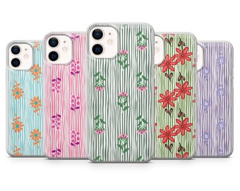 Funda para teléfono estilo preppy con estampado floral a rayas, elegante diseño.