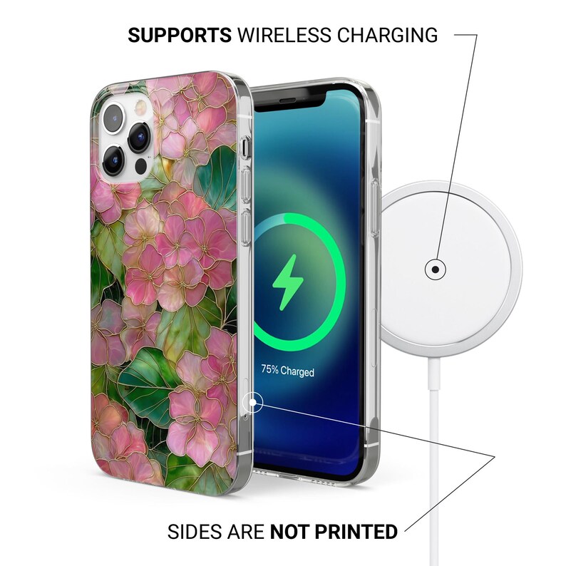 May include: A clear phone case with a floral design featuring pink flowers and green leaves. The phone is charging wirelessly, with the text "SUPPORTS WIRELESS CHARGING" and "SIDES ARE NOT PRINTED".