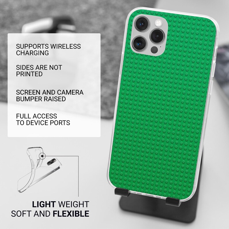 May include: A green phone case with a textured surface, featuring a clear border and a raised camera bumper. The case supports wireless charging and is lightweight and flexible. Text on the image reads: Supports Wireless Charging, Sides Are Not Printed, Screen and Camera Bumper Raised, Full Access to Device Ports.