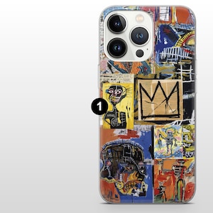 May include: A phone case featuring a collage of colorful abstract art. The design includes a yellow figure, a crown, and a skull, with a mix of orange, blue, and black hues. The case has a clear border and a camera cutout.