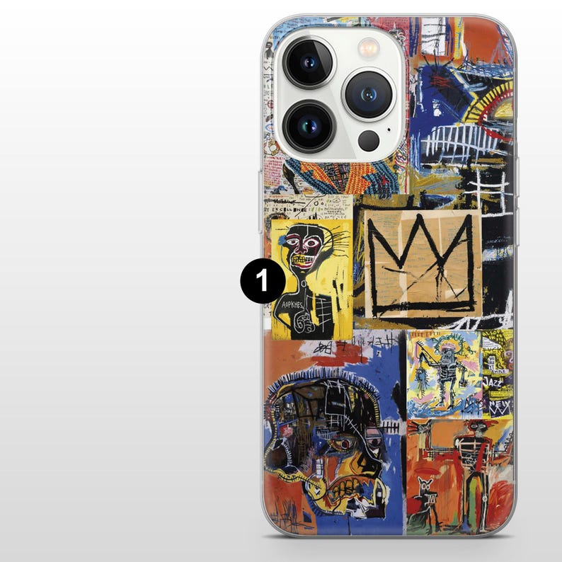 May include: A phone case featuring a collage of colorful abstract art. The design includes a yellow figure, a crown, and a skull, with a mix of orange, blue, and black hues. The case has a clear border and a camera cutout.