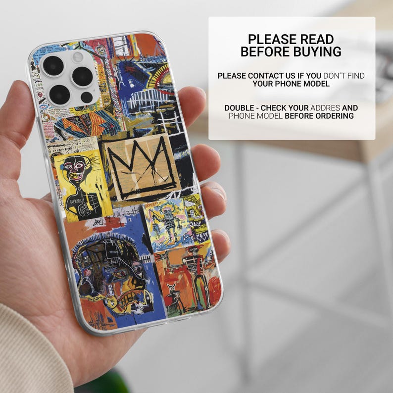 May include: A clear phone case featuring a colorful collage of abstract art in shades of blue, orange, yellow, and black. The case has a multi-camera cutout. Text on the case reads "PLEASE READ BEFORE BUYING".