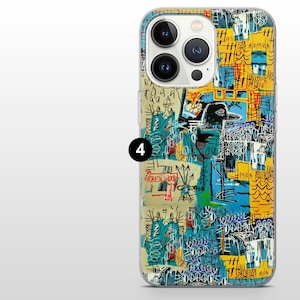 May include: A colorful phone case with an abstract art design. The case features a mix of blue, yellow, and green hues with scribbled lines and the text "GREEN WOOD" and "PARA MORIR". The case has a clear border and a camera cutout.