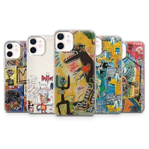 May include: A collection of five phone cases with colorful abstract art designs. The cases feature various artistic styles, including graffiti-like drawings, bold lines, and vibrant color palettes. Each case showcases unique artwork, with some including text elements.