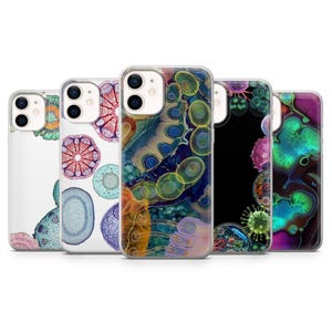 May include: Five smartphone cases with vibrant, abstract designs. The cases display a range of patterns and colours, including blue, green, yellow, and pink. The cases are designed to fit a smartphone, offering both style and protection.