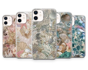 Funda para teléfono con diseño de sirena y conchas marinas de perlas, estampado elegante.