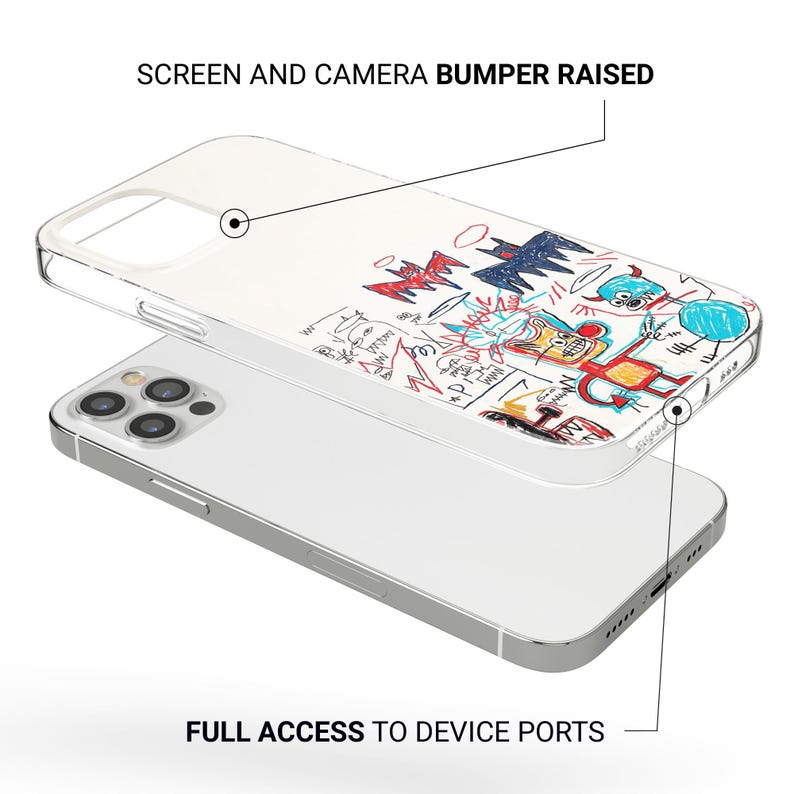 May include: A clear phone case with a colorful, cartoonish design featuring red, blue, and yellow figures and shapes. The case is layered over a silver phone, with the text "SCREEN AND CAMERA BUMPER RAISED" and "FULL ACCESS TO DEVICE PORTS".
