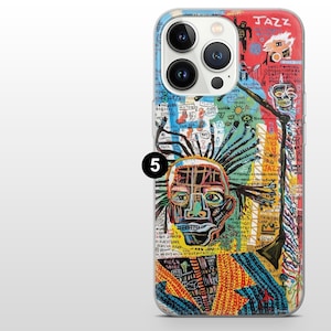 May include: A clear phone case featuring a colorful abstract design with the word "JAZZ" at the top. The artwork includes a face with a mohawk, and various scribbled words and symbols in red, blue, yellow, and black.