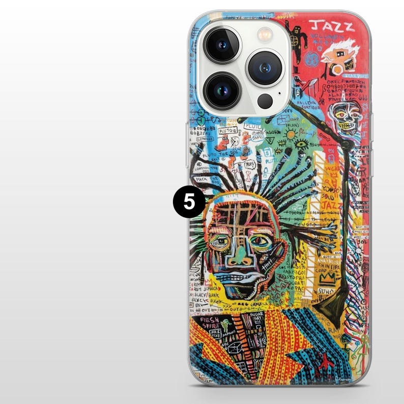 May include: A clear phone case featuring a colorful abstract design with the word "JAZZ" at the top. The artwork includes a face with a mohawk, and various scribbled words and symbols in red, blue, yellow, and black.