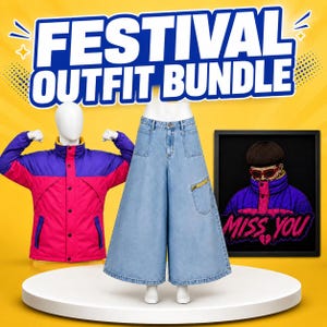 フェスティバル衣装セット Oliver Tree | レトロウィンドブレーカージャケット、ワイドレッグデニムパンツ、刺繍フレーム
