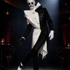 May include: A mannequin wearing a black and white tuxedo with a large bow tie, white gloves, one black glove, and round sunglasses. The figure has a black and white hairstyle and a mustache, wearing black and white dress shoes with a formal tailcoat.