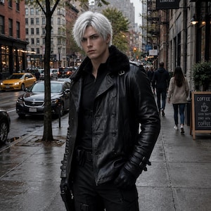 May include: A person with short, silver-white hair wearing a black leather jacket with a fur-lined collar, a black shirt, black gloves, and black tactical trousers with leg straps, standing on a city pavement with a dark, overcast urban background.