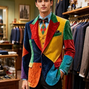 Pode incluir: Um blazer de veludo cotelê multicolorido com um design de retalhos em painéis azuis, vermelhos, amarelos, verdes e laranjas. O blazer é usado sobre uma camisa azul clara, um colete amarelo mostarda e uma gravata borboleta estampada com calças pretas.