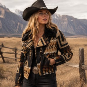May include: A dark brown cowboy hat with a light band and a black, tan, and cream patterned jacket featuring a black faux fur collar. The jacket has a zip-up front, long sleeves, and a geometric print. A silver belt buckle is visible at the waist.