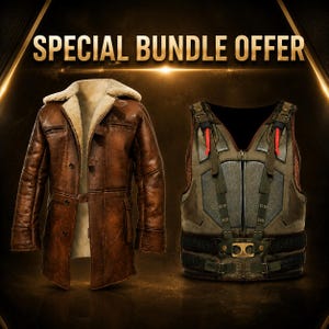 Puede incluir: Una chaqueta de cuero marrón con forro y cuello de borreguillo color crema, junto a un chaleco táctico verde oliva oscuro con múltiples correas, hebillas y detalles en rojo. El texto "SPECIAL BUNDLE OFFER" aparece en la parte superior.