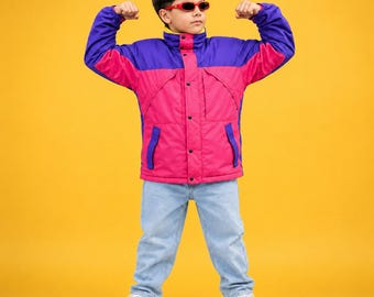 Retro jaren 90 windjack met kleurvlakken voor kinderen | Roze paars skijack | Vintage Rave-bovenkleding